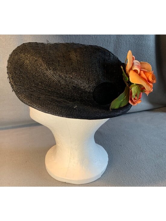 Abramson\'s Ladies Black Hat Silk Flower and Velvet Button Vintage main image 6